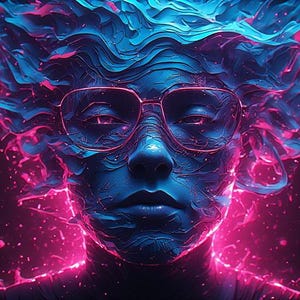 May include: Digital art portrait of a person with blue skin and hair, wearing red-rimmed glasses. The image has a neon aesthetic with pink and blue highlights, creating a futuristic and abstract look.