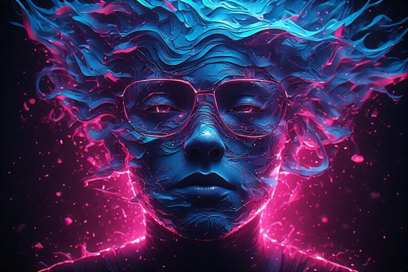 May include: Digital art portrait of a person with blue skin and hair, wearing red-rimmed glasses. The image has a neon aesthetic with pink and blue highlights, creating a futuristic and abstract look.