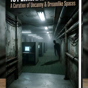 May include: A book titled 101 Liminal Prompts: A Curation of Uncanny & Dreamlike Spaces by Philip Way. The cover features a dark, industrial office hallway with exposed pipes, fluorescent lighting, cubicles, and a shadowy figure in the distance.