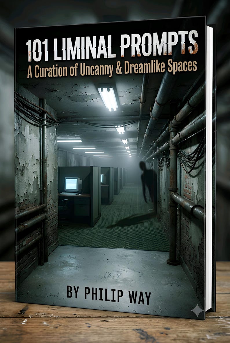 May include: A book titled 101 Liminal Prompts: A Curation of Uncanny & Dreamlike Spaces by Philip Way. The cover features a dark, industrial office hallway with exposed pipes, fluorescent lighting, cubicles, and a shadowy figure in the distance.
