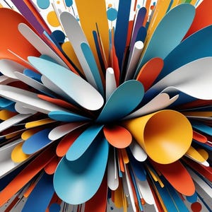 May include: Abstract colorful background with a burst of overlapping circles and curved shapes in shades of blue, orange, yellow, red, and white.