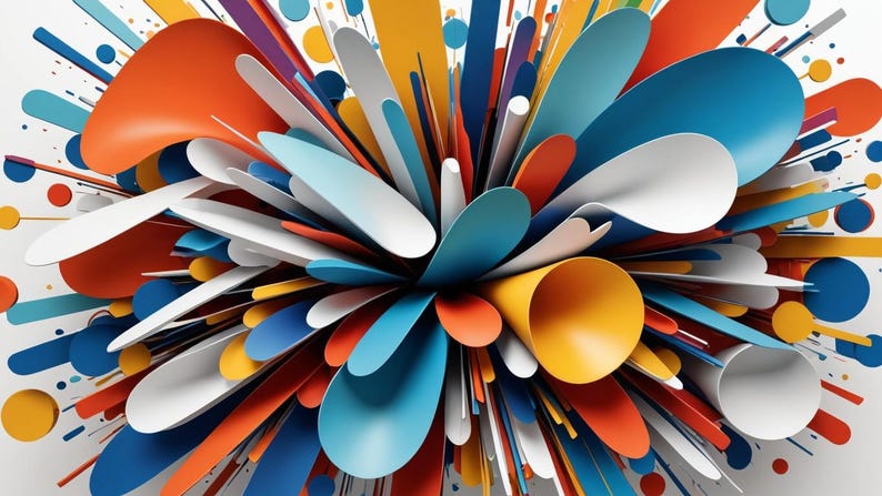 May include: Abstract colorful background with a burst of overlapping circles and curved shapes in shades of blue, orange, yellow, red, and white.