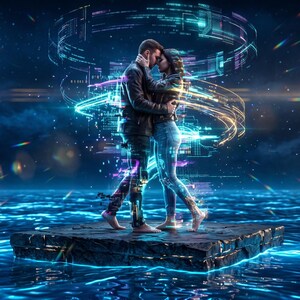 May include: A digital art piece depicting two figures standing on a dark stone platform amidst a glowing blue ocean at night. The figures are surrounded by swirling holographic data streams, light trails, and a crescent moon in the dark sky.