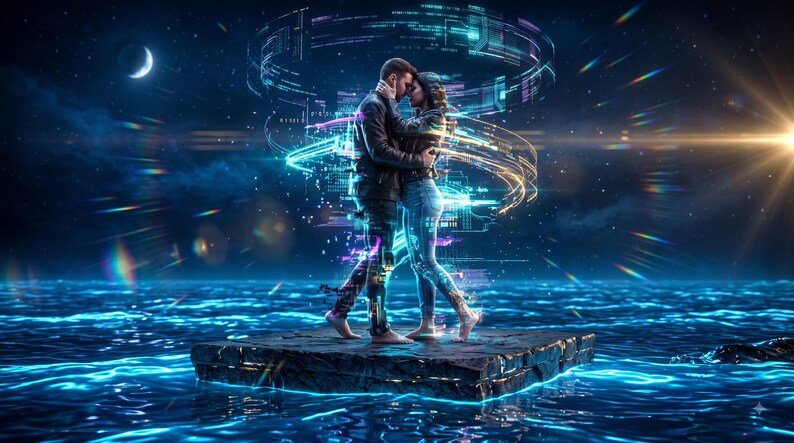 May include: A digital art piece depicting two figures standing on a dark stone platform amidst a glowing blue ocean at night. The figures are surrounded by swirling holographic data streams, light trails, and a crescent moon in the dark sky.