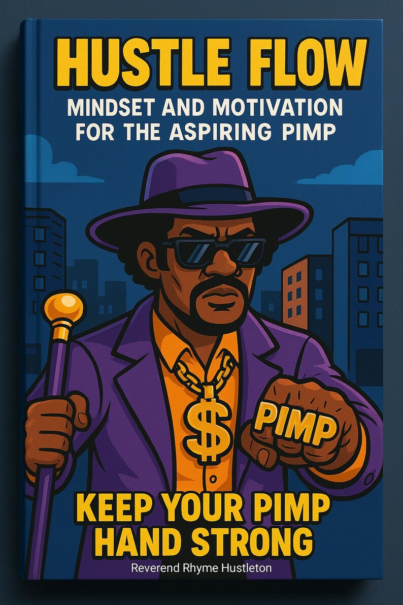 May include: Book cover illustration with the title "Hustle Flow" in yellow letters. The image features a cartoon of a man in a purple suit, hat, and sunglasses, holding a cane. The text "Mindset and Motivation for the Aspiring Pimp" is also visible.
