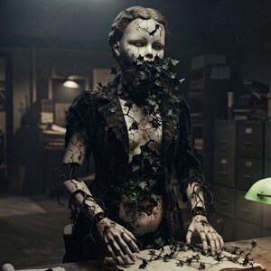 May include: A pale, cracked mannequin figure wearing a dark, textured jacket, with green ivy vines emerging from its mouth and torso. The figure stands at a desk with its hands resting on an open book, illuminated by a green glass banker's lamp.