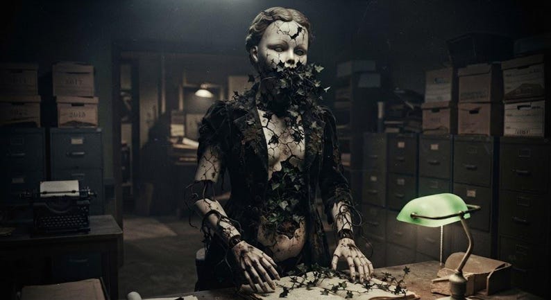 May include: A pale, cracked mannequin figure wearing a dark, textured jacket, with green ivy vines emerging from its mouth and torso. The figure stands at a desk with its hands resting on an open book, illuminated by a green glass banker's lamp.