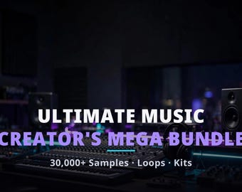 May include: A digital product display featuring the text ULTIMATE MUSIC CREATOR'S MEGA BUNDLE and 30,000+ Samples · Loops · Kits. The background shows a professional music recording studio with a mixing console, studio monitors, and headphones.