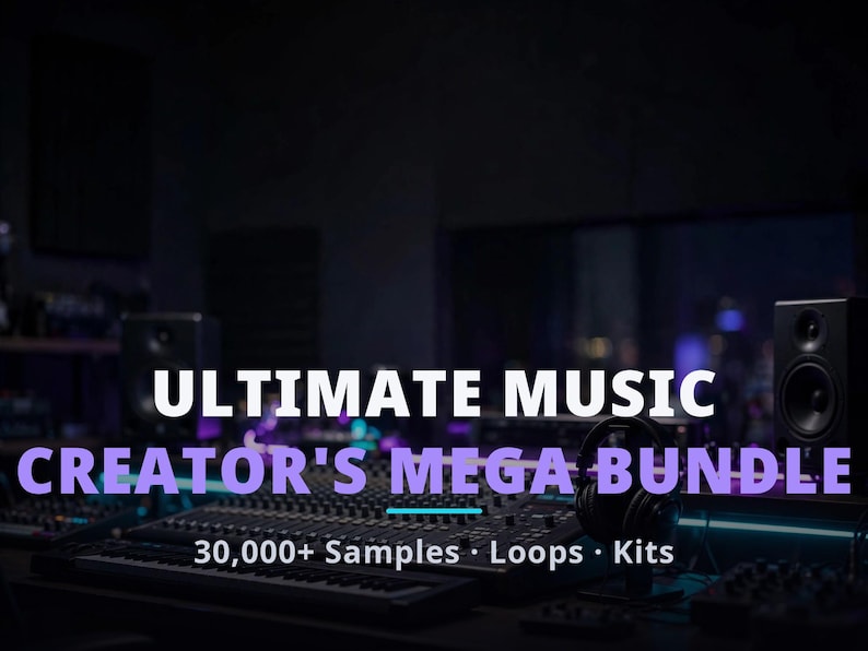 May include: A digital product display featuring the text ULTIMATE MUSIC CREATOR'S MEGA BUNDLE and 30,000+ Samples &middot; Loops &middot; Kits. The background shows a professional music recording studio with a mixing console, studio monitors, and headphones.
