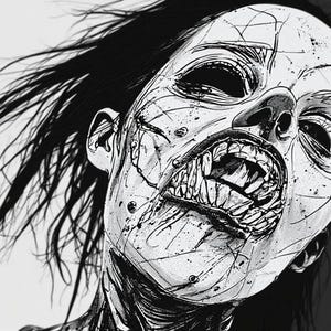 May include: A monochrome illustration of a grotesque face with an open mouth and sharp teeth. The face is cracked and the black hair is blowing. The artwork has a horror theme and is rendered in black and white.