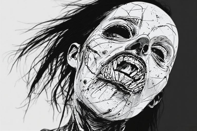 May include: A monochrome illustration of a grotesque face with an open mouth and sharp teeth. The face is cracked and the black hair is blowing. The artwork has a horror theme and is rendered in black and white.
