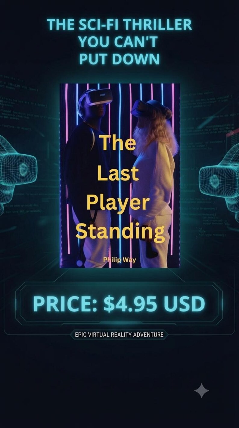 May include: A book cover titled The Last Player Standing by Philip Way featuring two individuals wearing virtual reality headsets against a background of vertical blue and pink neon light bars. The text reads THE SCI-FI THRILLER YOU CAN'T PUT DOWN.