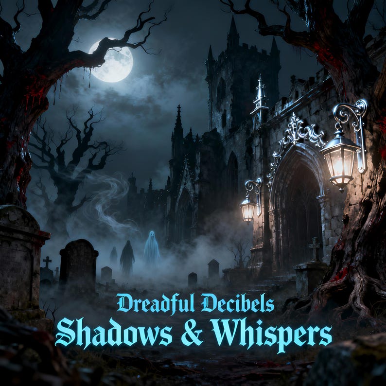 May include: A digital illustration of a gothic graveyard at night, with a full moon in the sky. The image features a spooky atmosphere with a church, tombstones, and ghostly figures. The text "Dreadful Decibels Shadows & Whispers" is displayed in a glowing blue font.