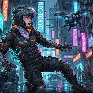 Peut inclure: Une illustration num&eacute;rique d'une personne en combinaison tactique noire et casque, avec des accents orange lumineux et le texte "NIGHTRUNNER" et "GHOST". Un petit drone marqu&eacute; "NCPD" plane dans une rue urbaine pluvieuse aux n&eacute;ons avec des motos.