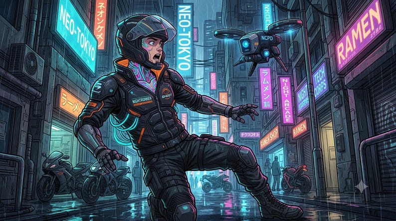 Peut inclure: Une illustration num&eacute;rique d'une personne en combinaison tactique noire et casque, avec des accents orange lumineux et le texte "NIGHTRUNNER" et "GHOST". Un petit drone marqu&eacute; "NCPD" plane dans une rue urbaine pluvieuse aux n&eacute;ons avec des motos.