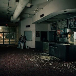 May include: An abandoned cinema lobby featuring a dark carpet with scattered popcorn, a concession stand with a soda fountain and popcorn machine, illuminated wall-mounted display cases, and a glass entrance door visible in the distance.