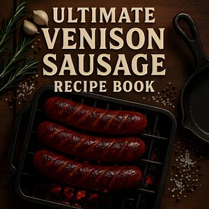 May include: A recipe book titled "Ultimate Venison Sausage Recipe Book" with three grilled sausages on a black grill. The image includes rosemary sprigs, garlic cloves, and a small cast iron skillet. The text is in a serif font.