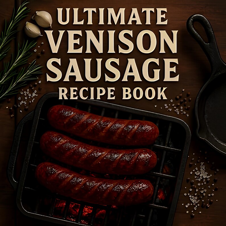 May include: A recipe book titled "Ultimate Venison Sausage Recipe Book" with three grilled sausages on a black grill. The image includes rosemary sprigs, garlic cloves, and a small cast iron skillet. The text is in a serif font.