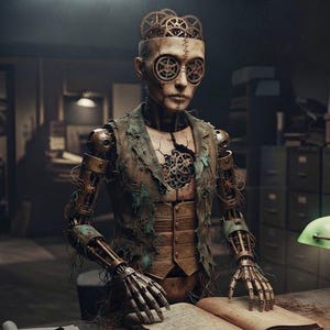 May include: A humanoid figure with a mechanical body constructed of bronze-toned gears and metal plates. The figure wears a tattered vest over a waistcoat, features gear-shaped eyes, and has an exposed gear mechanism atop its head.