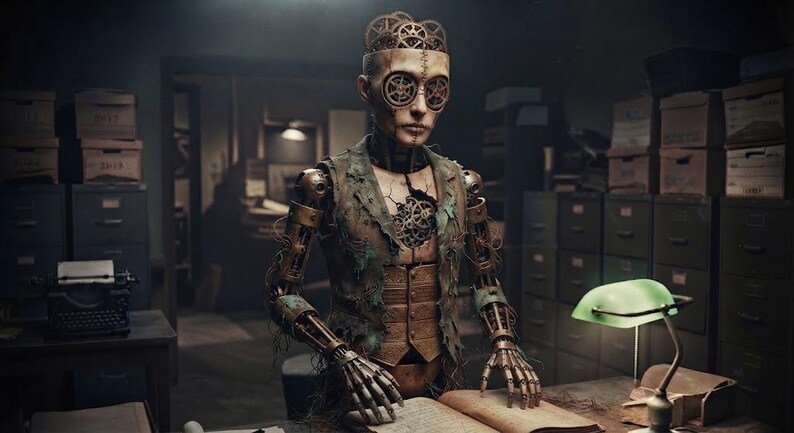 May include: A humanoid figure with a mechanical body constructed of bronze-toned gears and metal plates. The figure wears a tattered vest over a waistcoat, features gear-shaped eyes, and has an exposed gear mechanism atop its head.