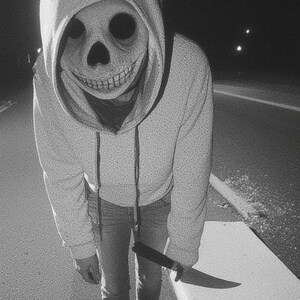 May include: A person wearing a hooded sweatshirt and jeans, with a skull mask covering the face. The person is holding a knife. The image is in black and white, taken outdoors at night.