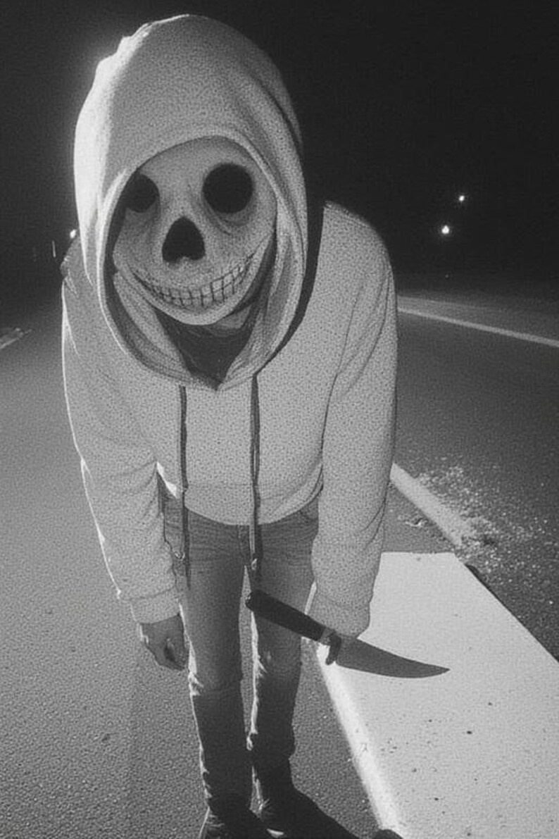 May include: A person wearing a hooded sweatshirt and jeans, with a skull mask covering the face. The person is holding a knife. The image is in black and white, taken outdoors at night.