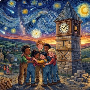 Puede incluir: Un grupo de seis ni&ntilde;os con petos y ropa informal se abraza en c&iacute;rculo junto a una torre de reloj de piedra. La escena muestra un cielo nocturno estrellado con nubes arremolinadas, un peque&ntilde;o pueblo, un puesto de panader&iacute;a y ladrillos con nombres.
