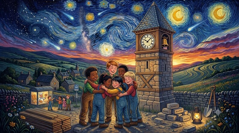 Puede incluir: Un grupo de seis ni&ntilde;os con petos y ropa informal se abraza en c&iacute;rculo junto a una torre de reloj de piedra. La escena muestra un cielo nocturno estrellado con nubes arremolinadas, un peque&ntilde;o pueblo, un puesto de panader&iacute;a y ladrillos con nombres.