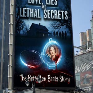 K&ouml;nnte beinhalten: Eine Werbetafel in einer Stadt zeigt den Filmtitel "LOVE, LIES AND LETHAL SECRETS" mit dem Bild einer Frau in einem Medaillon und einem Haus. Der Text "The Betty Lou Beets Story" steht darunter. Die Werbetafel befindet sich &uuml;ber einem Modell's Subway-Schild.
