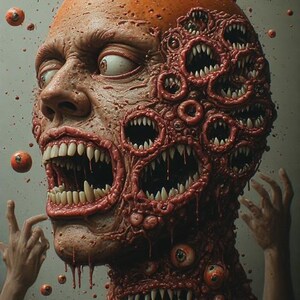 Puede incluir: Una grotesca y surrealista obra de arte digital que representa una figura humanoide con m&uacute;ltiples bocas y ojos. La piel de la figura es texturizada, de color marr&oacute;n rojizo, con m&uacute;ltiples filas de dientes afilados. Globos oculares flotantes rodean la figura.