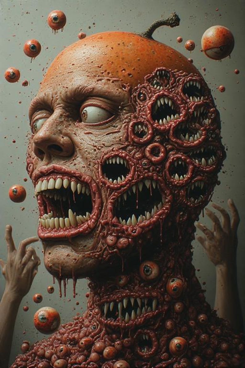 Puede incluir: Una grotesca y surrealista obra de arte digital que representa una figura humanoide con m&uacute;ltiples bocas y ojos. La piel de la figura es texturizada, de color marr&oacute;n rojizo, con m&uacute;ltiples filas de dientes afilados. Globos oculares flotantes rodean la figura.
