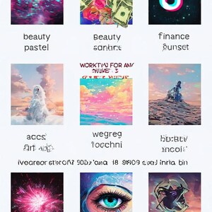 May include: A collection of nine digital art pieces. The images include a TikTok logo, a close-up of an eye, a money-themed artwork, and abstract designs with text. The color palette is diverse, featuring pastels, vibrant pinks, and blues.