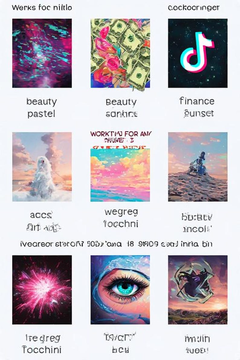 May include: A collection of nine digital art pieces. The images include a TikTok logo, a close-up of an eye, a money-themed artwork, and abstract designs with text. The color palette is diverse, featuring pastels, vibrant pinks, and blues.