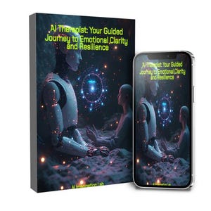 May include: A book and a smartphone display the title "AI Therapist: Your Guided Journey to Emotional Clarity and Resilience." The cover art features a futuristic robot and a person in a meditative pose, set against a starry background.