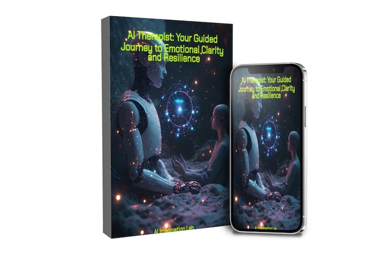 May include: A book and a smartphone display the title "AI Therapist: Your Guided Journey to Emotional Clarity and Resilience." The cover art features a futuristic robot and a person in a meditative pose, set against a starry background.