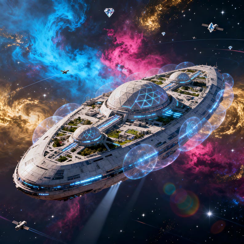 Op de afbeelding: Een futuristisch ruimteschip met een koepelstructuur en blauwe accenten, omringd door energiebellen, reist door een levendige nevel van roze, blauw en goud. Verschillende diamantvormige objecten en andere ruimtevaartuigen zijn ook zichtbaar.