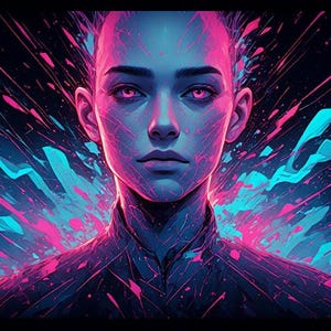 May include: Digital art portrait of a person with a shaved head, rendered in shades of blue and pink. The artwork features a burst of colorful lines and shapes emanating from the subject's head, set against a dark background.
