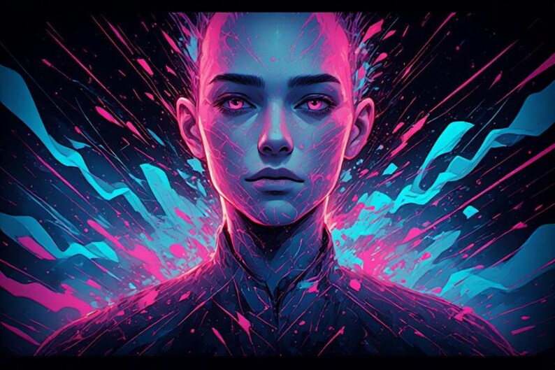 May include: Digital art portrait of a person with a shaved head, rendered in shades of blue and pink. The artwork features a burst of colorful lines and shapes emanating from the subject's head, set against a dark background.