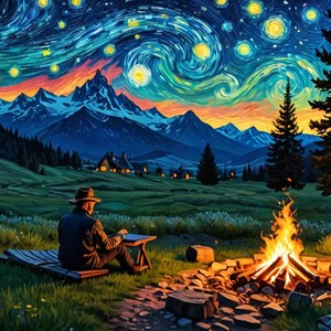Pu&ograve; includere: Una persona siede vicino a un fal&ograve; in una valle di montagna sotto un cielo stellato. Il cielo &egrave; dipinto in uno stile vorticoso e astratto che ricorda la 'Notte stellata' di Van Gogh.