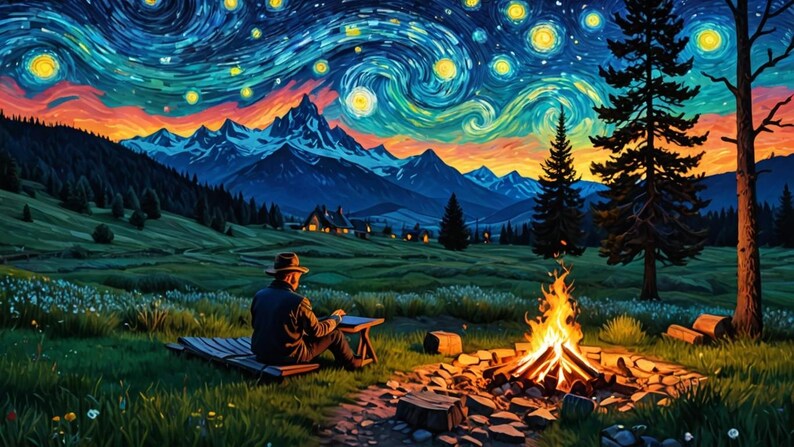 Pu&ograve; includere: Una persona siede vicino a un fal&ograve; in una valle di montagna sotto un cielo stellato. Il cielo &egrave; dipinto in uno stile vorticoso e astratto che ricorda la 'Notte stellata' di Van Gogh.