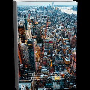 Op de afbeelding: Boekomslag met de titel "Savouring the Big Apple: The Ultimate Guide to NYC's Best Eateries". De afbeelding toont een kleurrijk luchtfoto van New York City met wolkenkrabbers en een rivier.