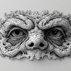 May include: A detailed monochrome illustration of a stylized face with intense eyes, a prominent nose, and textured, swirling features. The artwork has a three-dimensional effect, creating a striking visual impact. The face is centered against a plain background.