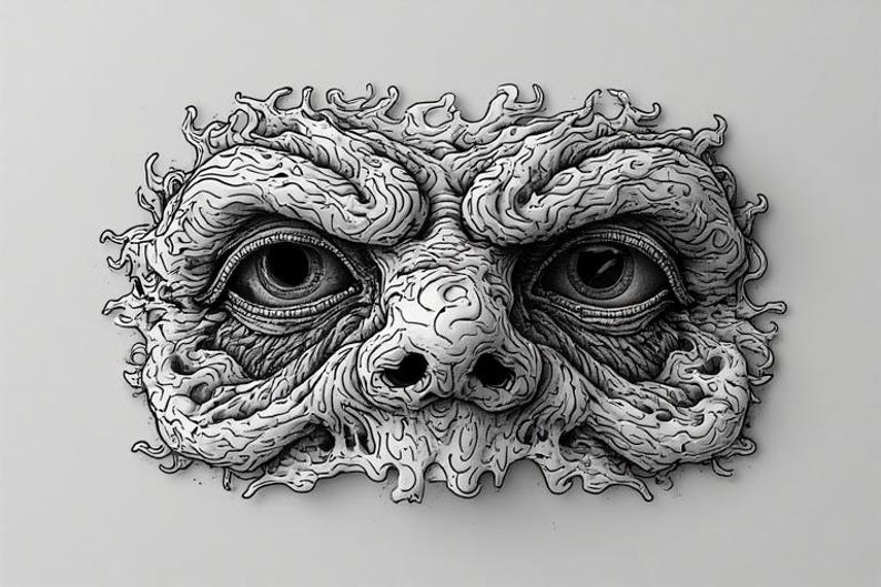 May include: A detailed monochrome illustration of a stylized face with intense eyes, a prominent nose, and textured, swirling features. The artwork has a three-dimensional effect, creating a striking visual impact. The face is centered against a plain background.
