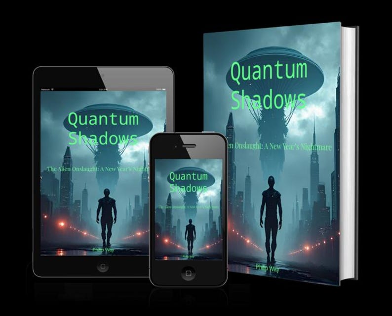 May include: A book, tablet, and smartphone display the cover art for "Quantum Shadows." The image features a futuristic cityscape with a silhouetted figure, a UFO, and the title in green. The book's title is also displayed on the tablet and smartphone.