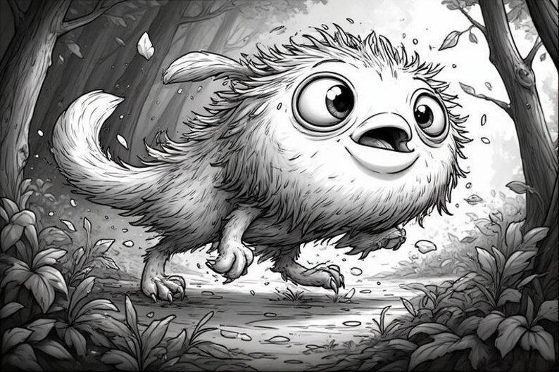 Op de afbeelding: Zwart-wit illustratie van een cartoon wezen met grote ogen, rennend door een bos. Het wezen heeft een pluizig lichaam, kleine pootjes en een lange staart. De achtergrond omvat bomen, bladeren en een pad.