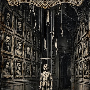 May include: A marionette puppet with a light-colored collared outfit stands in a dark hallway lined with numerous framed portraits. The puppet is suspended by thin strings from a wooden control bar, surrounded by cobwebs and ornate wall decor.