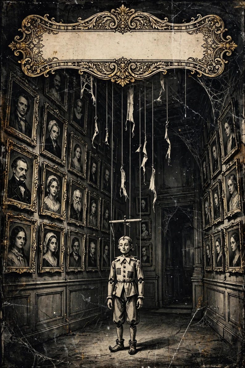 May include: A marionette puppet with a light-colored collared outfit stands in a dark hallway lined with numerous framed portraits. The puppet is suspended by thin strings from a wooden control bar, surrounded by cobwebs and ornate wall decor.