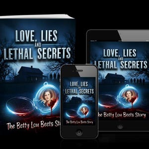 K&ouml;nnte beinhalten: Ein Buch, ein Tablet und ein Smartphone zeigen das Cover von "Love, Lies, and Lethal Secrets". Das Buchcover zeigt das Portr&auml;t einer Frau in einem Medaillon, mit einem Haus und B&auml;umen im Hintergrund. Der Titel ist in gro&szlig;en, fetten Buchstaben.