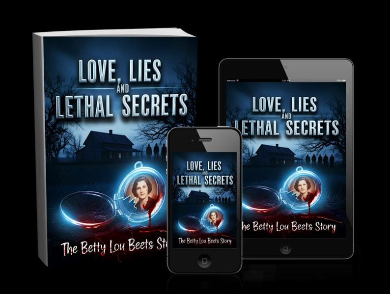 K&ouml;nnte beinhalten: Ein Buch, ein Tablet und ein Smartphone zeigen das Cover von "Love, Lies, and Lethal Secrets". Das Buchcover zeigt das Portr&auml;t einer Frau in einem Medaillon, mit einem Haus und B&auml;umen im Hintergrund. Der Titel ist in gro&szlig;en, fetten Buchstaben.