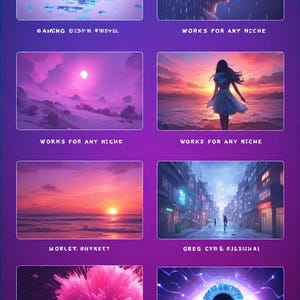 May include: A collection of digital art images with text. The images include a blue digital sphere, a woman in the rain, a landscape with a full moon, a woman on a beach, a sunset over the ocean, a city street, a pink explosion, and a digital eye.